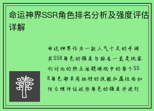 命运神界SSR角色排名分析及强度评估详解